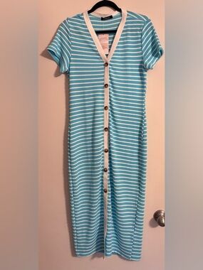 NWT Fashion Women Light Blue Teal Casual Woven Dress Large Midi Calf Length